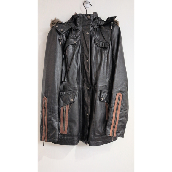 Danier Jackets & Blazers - Danier Black & Brown Insulated zip up Leather Jacket w hood size 2XS p2p18"